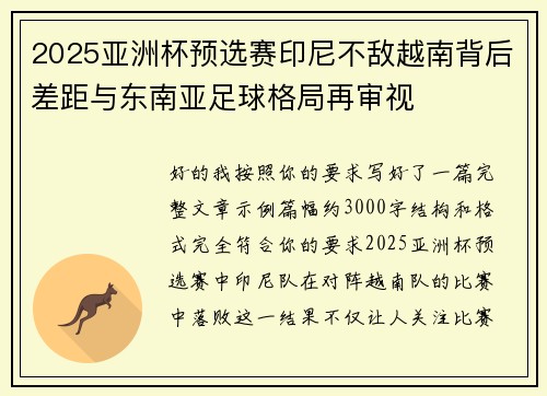 2025亚洲杯预选赛印尼不敌越南背后差距与东南亚足球格局再审视